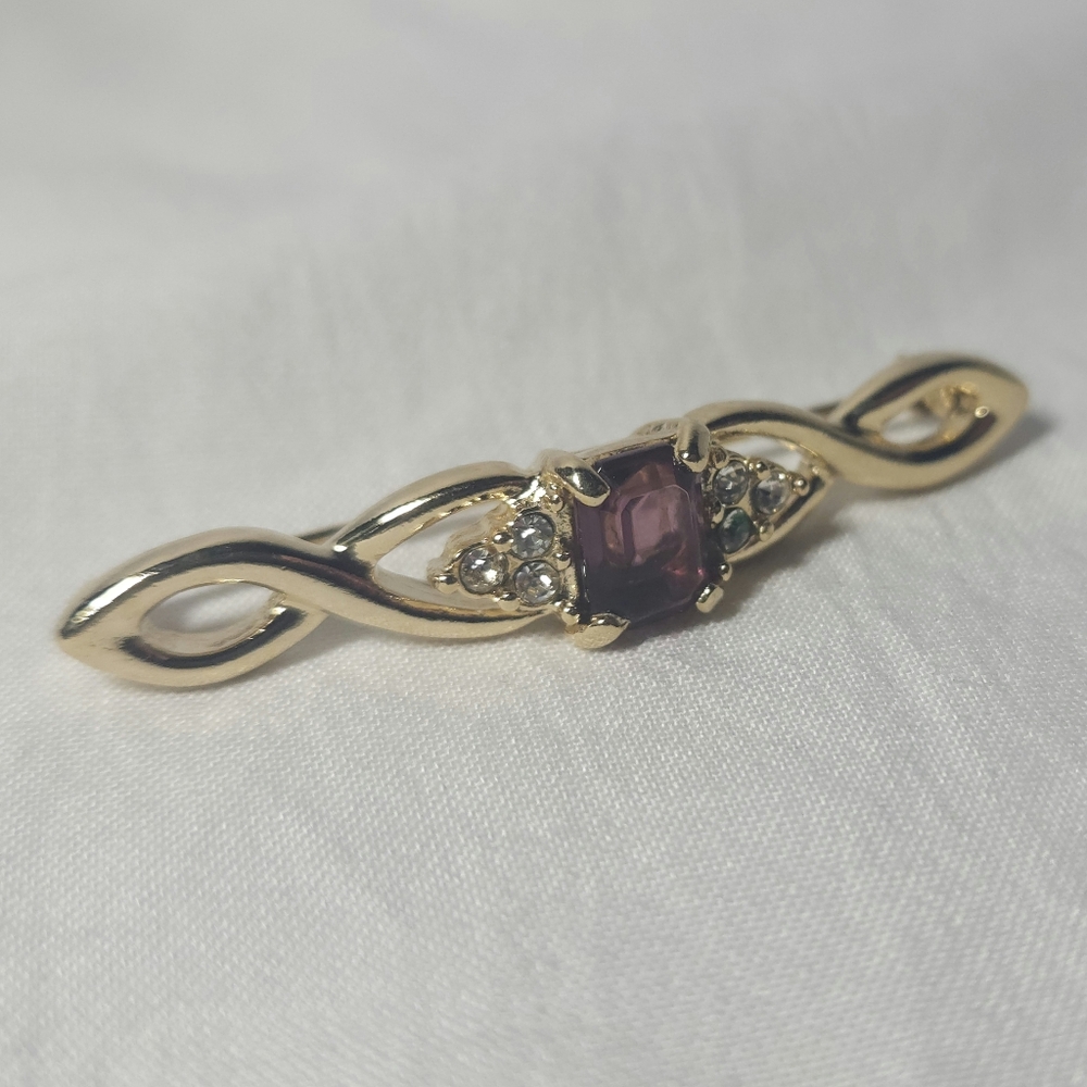 Costume Gold Tone Amethyst Crystal Rhinestone Brooch Pin